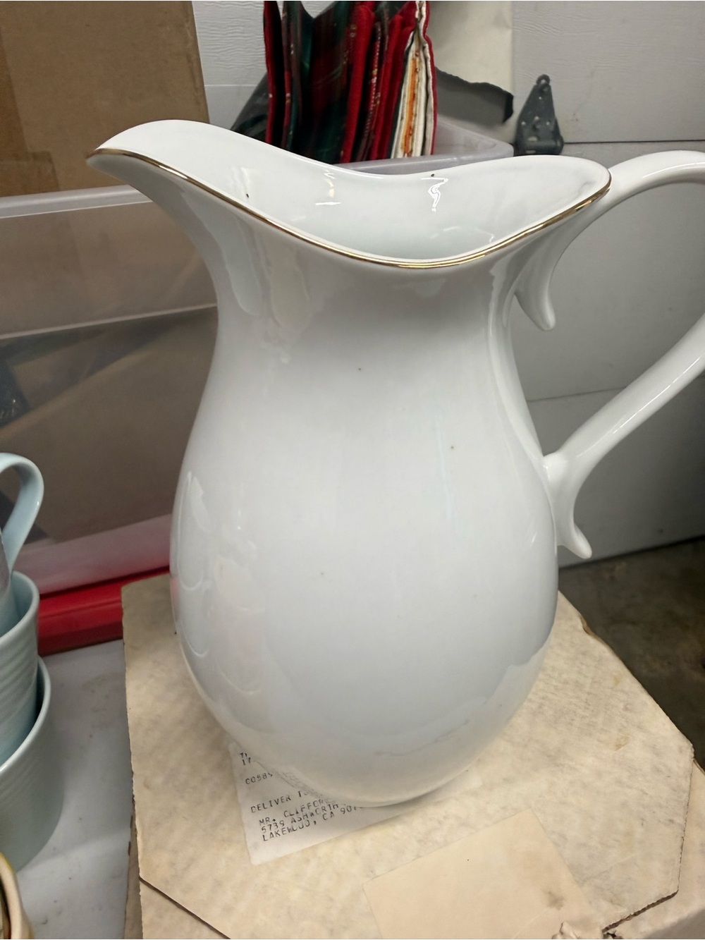 White Ceramic Pitcher with Gold Trim -